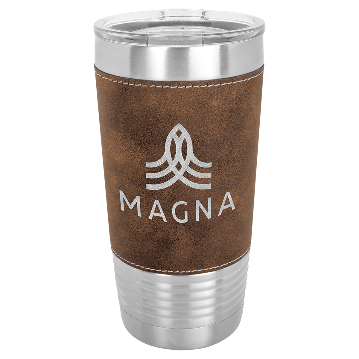 Rustic/Silver Polar Camel 20 oz. Laserable Leatherette Tumbler with Clear Lid