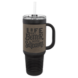 Black Gray Polar Camel 40 oz. Laserable Leatherette Travel Mug with a Handle & Straw