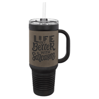 Black Gray Polar Camel 40 oz. Laserable Leatherette Travel Mug with a Handle & Straw