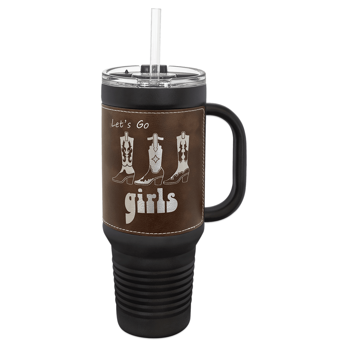 Black with Rustic/Silver Polar Camel 40 oz. Laserable Leatherette Travel Mug with Handle & Straw