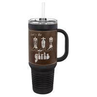Black with Rustic/Silver Polar Camel 40 oz. Laserable Leatherette Travel Mug with Handle & Straw