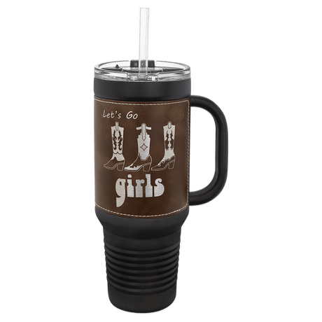Black with Rustic/Silver Polar Camel 40 oz. Laserable Leatherette Travel Mug with Handle & Straw