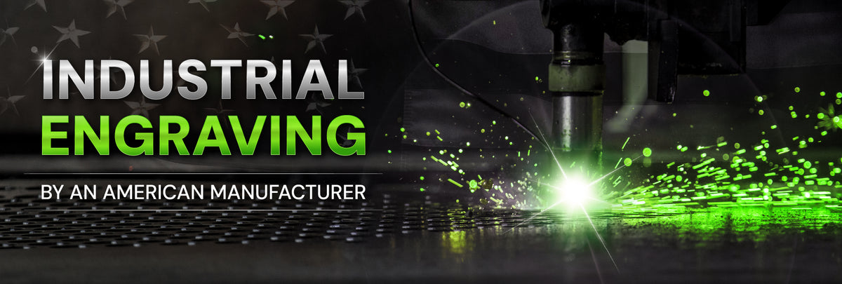 A background with a faint American flag behind a plasma cutter with green sparks and text reading "Industrial Engraving by an American Manufacturer"